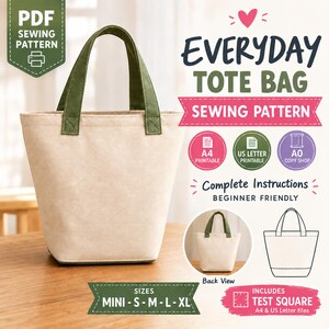 Easy Tote Bag Sewing Pattern PDF | Beginner DIY Bag Pattern | 5 Sizes Mini to XL | Printable A0 A4 Us letter | Instant Digital Download