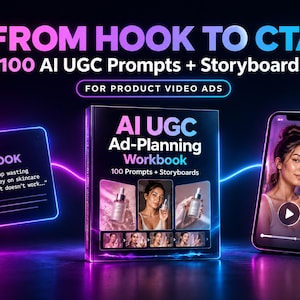 May include: A digital workbook titled AI UGC Ad-Planning Workbook with 100 Prompts + Storyboards, featuring a smartphone displaying a video ad and a neon-outlined card with the text HOOK: Stop wasting money on skincare that doesn't work.