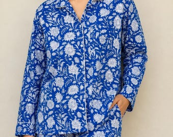 Pyjamaset van katoen met bloemenprint voor dames | Nachtkleding met knoopsluiting | Handgemaakte loungewear met Indiase blokprint