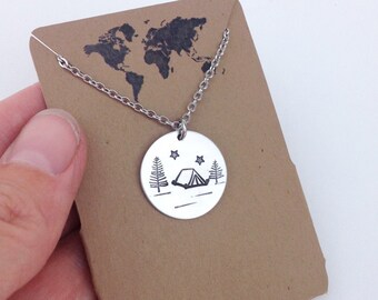 Camping scene necklace with tent and trees