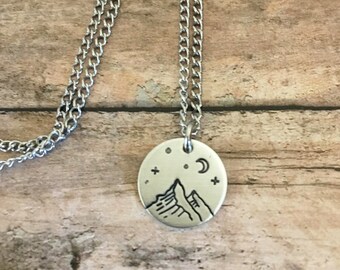 Small mountain with crescent moon charm pendant necklace in silver color