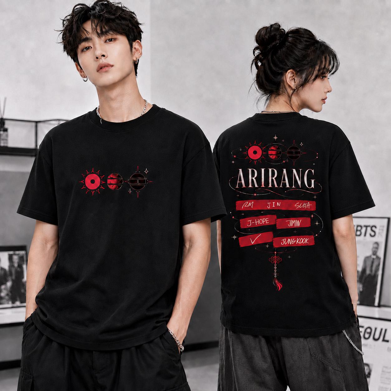 Alternative view of BTS Arirang Member Names Graphic Shirt, Celestial Orbit Two Sided Tee, Red Black Kpop Concert Outfit, ARMY Fan Gift, Unisex Tour Top