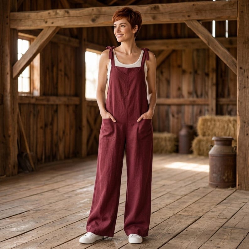 May include: A deep red, wide-leg jumpsuit featuring shoulder tie straps, a square neckline, and two front patch pockets. The garment is worn over a simple white tank top and paired with white trainers, creating a functional and layered outfit.