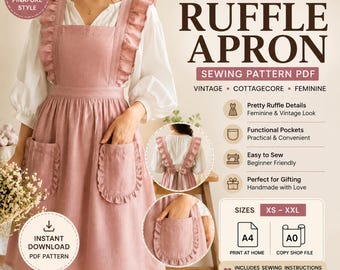 May include: A dusty pink pinafore-style apron with ruffled shoulder straps and two front pockets. The image includes text: SEW YOUR OWN RUFFLE APRON SEWING PATTERN PDF, VINTAGE COTTAGECORE FEMININE, SIZES XS-XXL, A4 PRINT AT HOME, A0 COPY SHOP FILE.