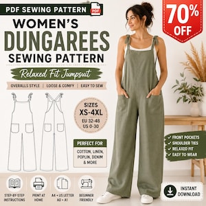 Può includere: Un cartamodello PDF per una tuta dal taglio rilassato in stile salopette. Il modello include le taglie XS-4XL, EU 32-48 e US 0-30. Presenta tasche anteriori, spalline da annodare e gamba larga, mostrato in colore verde oliva.