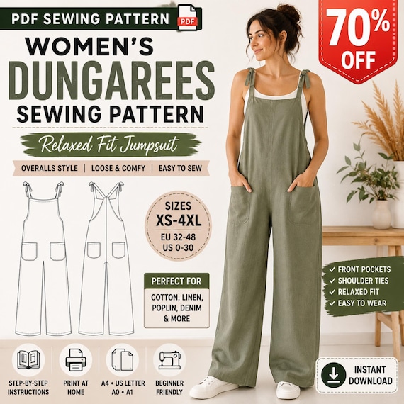 Women's Dungarees Sewing Pattern, Relaxed Fit Jumpsuit PDF, Overalls Pattern for Women, Loose Fit Dungarees, DIY Sewing Pattern