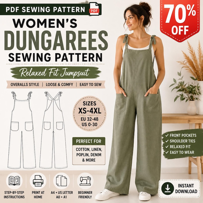 May include: A PDF sewing pattern for a relaxed fit jumpsuit with dungaree-style overalls. The pattern includes sizes XS-4XL, EU 32-48, and US 0-30. Features include front pockets, shoulder ties, and a wide-leg silhouette shown in olive green.