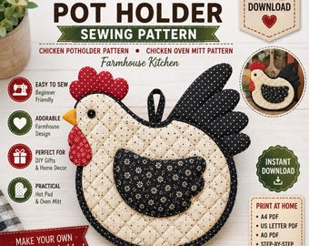 May include: A digital sewing pattern for a chicken-shaped pot holder and oven mitt. The design features a quilted cream body with black polka dots, a red polka dot comb and wattle, and a black floral wing. Includes text for PDF download.