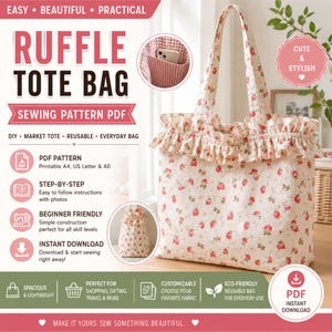 May include: A sewing pattern PDF for a ruffle tote bag featuring a cream-colored fabric with a red strawberry print. The tote has two shoulder straps and a ruffled trim along the top edge. An inset shows a red and white gingham interior pocket.