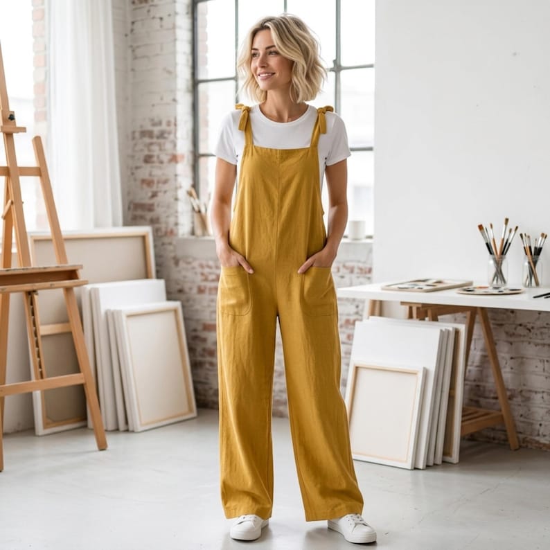 May include: A mustard yellow jumpsuit with wide legs and two front patch pockets, featuring shoulder straps that tie in bows. The jumpsuit is worn over a plain white short-sleeved t-shirt, paired with simple white trainers for a casual look.