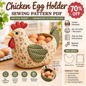 Puede incluir: Un patrón de costura en PDF para un soporte de huevos con forma de gallina, con cuerpo beige de estampado floral rojo y verde, cresta y barbillas rojas de lunares, y alas verdes de lunares. La cesta contiene huevos marrones y texto.