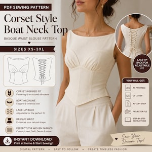 PDF Sewing Pattern for Corset Style Boat Neck Top | Basque Waist Blouse Pattern | Women's Digital Sewing Pattern | Sizes XS-3XL