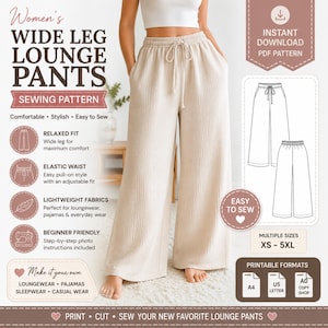 Wide Leg Lounge Pants Sewing Pattern | Relaxed Fit, Elastic Waist (Digital Download)