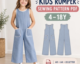 May include: A blue sleeveless romper with white trim on the neckline and pockets. The text reads KIDS ROMPER SEWING PATTERN PDF 4-18Y. A technical drawing shows the front and back views of the garment. Includes A0, A4, and US LETTER PDF formats.