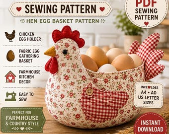 May include: A fabric chicken egg holder sewing pattern featuring a cream-coloured body with a small red floral print, a red comb and wattle, and a red and white gingham wing. The basket contains several brown and white eggs.