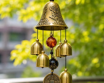 Antique Brass Wind Chime for Outdoor Garden Decor, Feng Shui Hanging Bell, Metal Wind Chime, Balcony Patio Ornament, Zen Gift