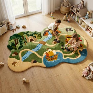 May include: A large, irregularly shaped area rug featuring a colorful, detailed treasure map design. The rug depicts a green landscape with a winding blue river, a sandy beach, a pirate ship, a cave, palm trees, and a black pirate flag.
