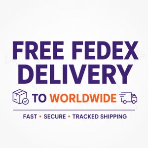 Op de afbeelding: Een grafisch ontwerp met de tekst FREE FEDEX DELIVERY in grote paarse letters, gevolgd door TO WORLDWIDE in oranje. Daaronder scheidt een lijn de tekst FAST &bull; SECURE &bull; TRACKED SHIPPING. Iconen van een doos met vinkje en een bestelwagen.