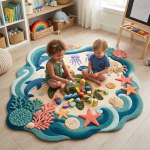 Op de afbeelding: Een groot, onregelmatig gevormd vloerkleed met een oceaanthema, voorzien van verhoogde, getextureerde applicaties van dolfijnen, zeesterren, koraal, kwallen en schelpen in blauw-, oranje- en cr&egrave;metinten, rondom een ontwerp van een zeeschildpad.