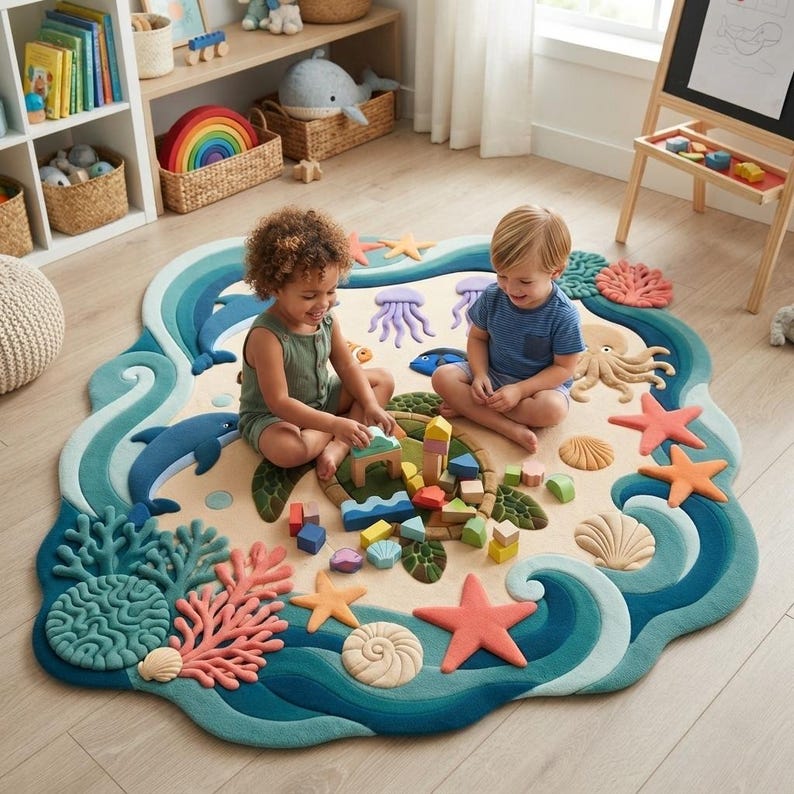 Op de afbeelding: Een groot, onregelmatig gevormd vloerkleed met een oceaanthema, voorzien van verhoogde, getextureerde applicaties van dolfijnen, zeesterren, koraal, kwallen en schelpen in blauw-, oranje- en cr&egrave;metinten, rondom een ontwerp van een zeeschildpad.