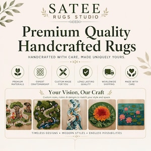 Op de afbeelding: Een promotionele afbeelding voor SATEE RUGS STUDIO met de tekst Premium Quality Handcrafted Rugs. Het toont zes iconen en vijf rechthoekige afbeeldingen van getufte tapijten met een bossc&egrave;ne, tuinpad, rivier, bloem en waterlelies.