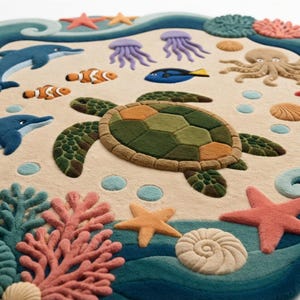 Op de afbeelding: Een pluche vloerkleed met een verhoogde, getextureerde oceaan-sc&egrave;ne met een centrale groene zeeschildpad, blauwe dolfijnen, oranje anemoonvissen, een bruine octopus, paarse kwallen, roze koraal, zeesterren en schelpen op een zandkleurige achtergrond.