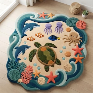 Op de afbeelding: Een groot, onregelmatig gevormd vloerkleed met een zandkleurig middenstuk, voorzien van een groene zeeschildpad, twee oranje anemoonvissen, een blauwe doktersvis, twee paarse kwallen en een bruine octopus. De rand toont blauwe oceaangolven en koraal.