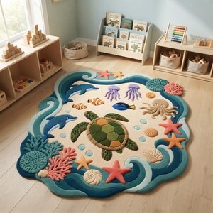 Op de afbeelding: Een onregelmatig gevormd vloerkleed met een levendige onderwatersc&egrave;ne met een groene zeeschildpad in het midden, twee blauwe dolfijnen, een octopus, anemoonvissen, een doktersvis, kwallen, koraal, schelpen en zeesterren op een zandkleurige achtergrond.