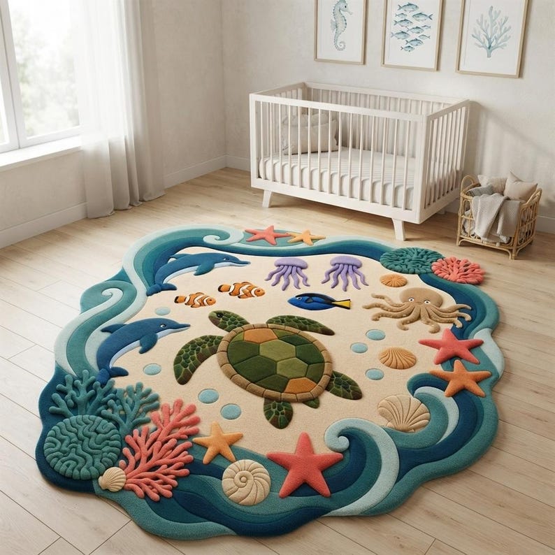 Op de afbeelding: Een groot, onregelmatig gevormd vloerkleed met een beige centrum voorzien van een reli&euml;f van een zeeschildpad, octopus, dolfijnen, anemoonvissen, kwallen, zeesterren en schelpen, omringd door een rand van blauwe golven en koraal.
