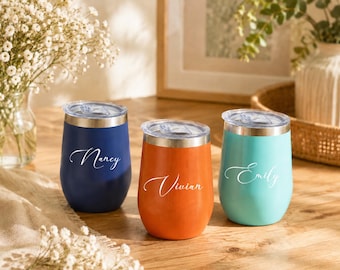 Custom Name Wine Tumbler, Selectable Tumbler Color,  Bridesmaid & Hen Party Wedding Gift, Stainless Steel Cup With Clear Lid