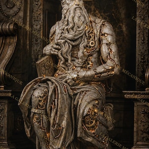 May include: A seated marble-like statue of a bearded figure with horns, featuring intricate gold-colored mechanical gears and pipes integrated into the body and clothing. The figure holds a book and displays a complex, clockwork-inspired aesthetic.