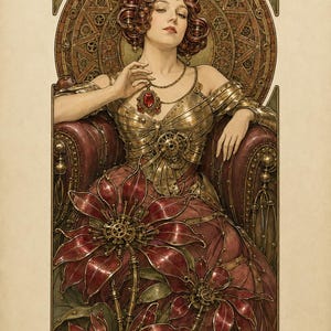 Könnte beinhalten: Eine Illustration mit dem Titel LE RUBIS, die eine Person mit rotbraunem Haar zeigt, die ein metallisches Mieder und einen dunkelroten Rock mit großen mechanischen Blumen trägt. Die Person hält eine Goldkette mit einem roten Edelstein.
