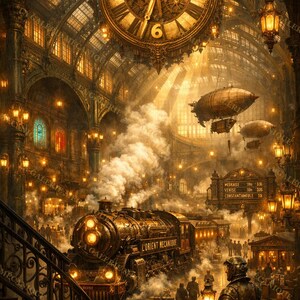 May include: A large steam locomotive labeled L'ORIENT MECANIQUE sits in a grand station with a massive clock overhead. Two airships float in the golden light above the train. People walk on the platform near a sign listing destinations.