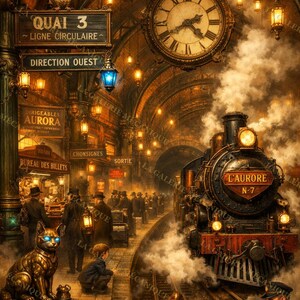 Estação Steampunk das Profundezas - A Aurora Mecânica N 7 - Pôster de Arte Digital Subterrânea - Pôster para Download