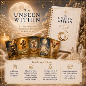 May include: A spiral-bound workbook titled The Unseen Within: A 22-Day Experiential Inner Journey Through the Major Arcana, accompanied by five tarot cards: The Tower, The Fool, The World, The Moon, and The Lovers, with a summary of contents.
