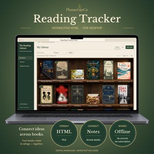 Könnte beinhalten: Ein Laptop zeigt einen interaktiven HTML-Lesetracker mit dem Titel The Reading Cabinet. Der Bildschirm zeigt ein digitales Bücherregal mit verschiedenen Buchcovern, Navigationsmenüs und Filteroptionen. Darunter befinden sich drei Kreise.