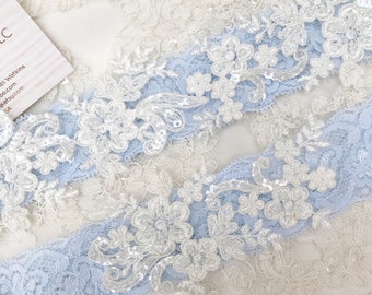 Light blue wedding garter set, no slip grip garter toss keepsake gorgeous lace bridal garter belt antique white cream plus size petite flat