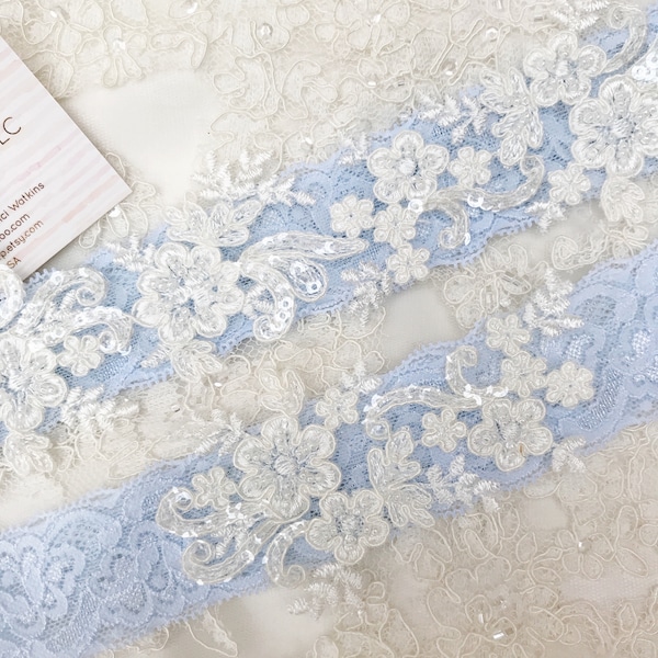 Light blue wedding garter set, no slip grip garter toss keepsake gorgeous lace bridal garter belt antique white cream plus size petite flat