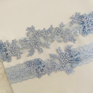 Light blue wedding garter set, no slip grip garter toss keepsake gorgeous lace bridal garter belt something blue plus size petite flat image 5