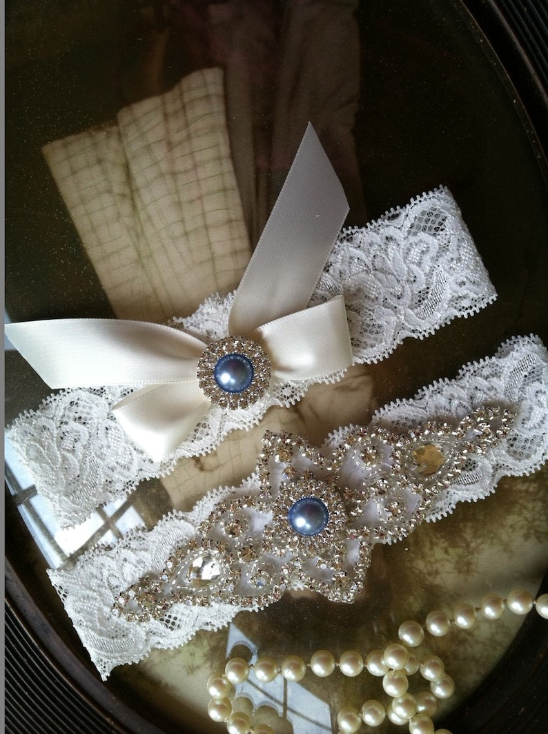 XS S M L XL Wedding Bride Bridal Garter Ivory Blue Satin Bow & Freshwater Pearl