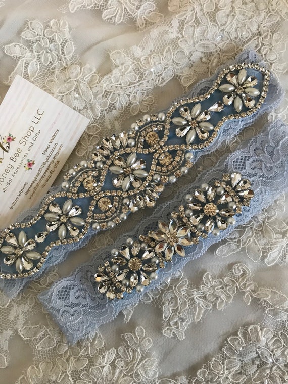 Blue Wedding Garter Set, No Slip Grip Garter Toss and Keepsake. Antique  White Cream Rhinestone Lace Bridal Garter Belt With Plus Size Ivory 