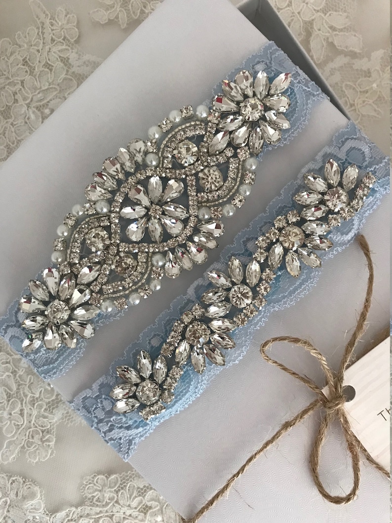 Stretch lace Ivory rhinestone bridal garter belt crystals plus size gem no slip grip garter toss and keepsake Blue Lace wedding garter set