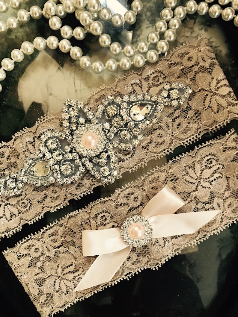 no slip grip garter toss and keepsake Champagne and Blush wedding garter set Rhinestone bridal garter satin ribbon and lace plus size belt