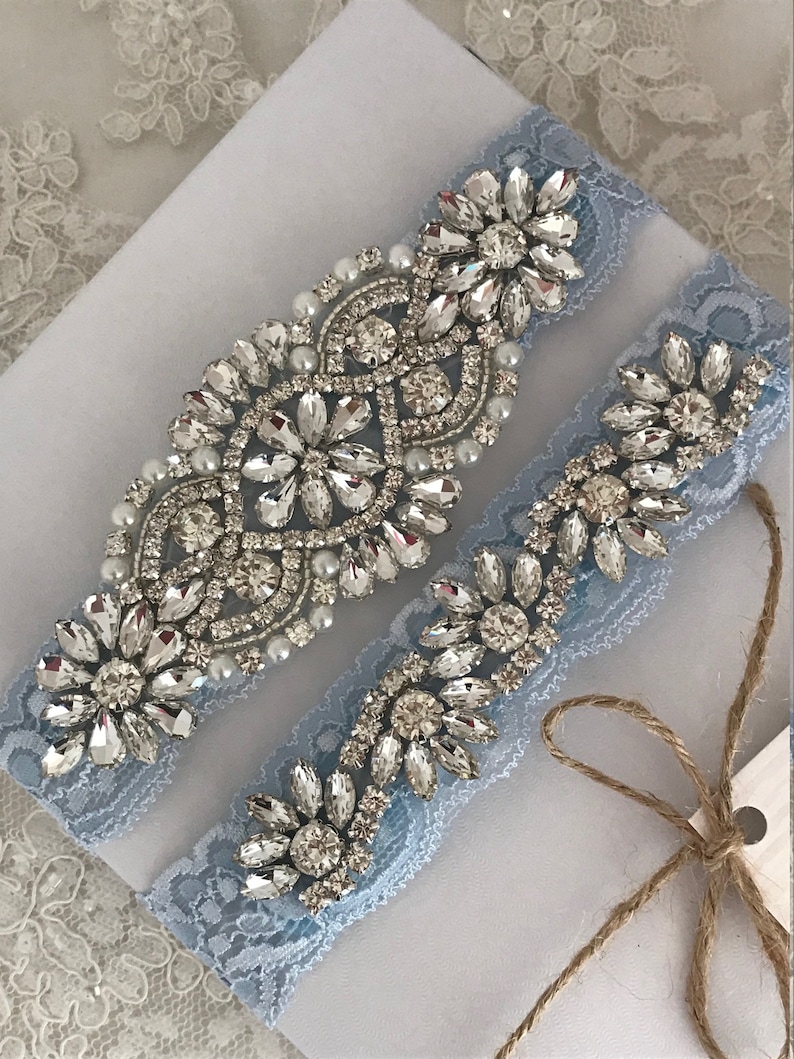Stretch lace Ivory rhinestone bridal garter belt crystals plus size gem no slip grip garter toss and keepsake Blue Lace wedding garter set