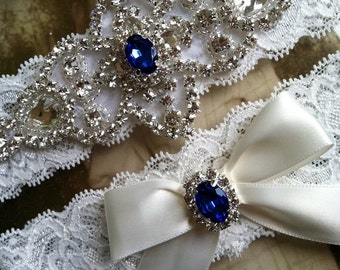 Ivory wedding garter set, no slip grip garter toss keepsake. Royal Blue Antique white rhinestone lace bridal garter belt, silver, plus size