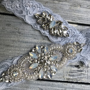 Blue opal wedding garter set, no slip grip garter toss and keepsake-Ivory Antique White rhinestone lace bridal garter belt crystal plus size