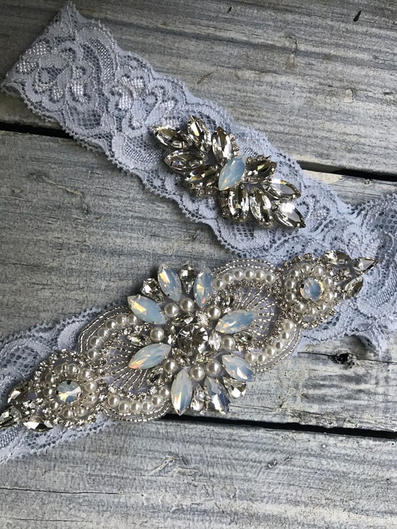 Blue opal wedding garter set, no slip grip garter toss and keepsake-Ivory Antique White rhinestone lace bridal garter belt crystal plus size