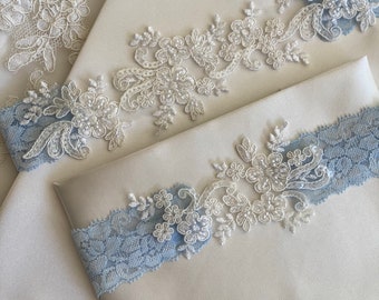 Light blue wedding garter set, Blush Lace, no slip grip toss keepsake lace bridal garter belt antique white cream ivory plus petite flat