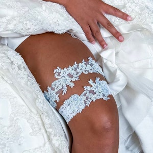 Light blue wedding garter set, no slip grip garter toss keepsake gorgeous lace bridal garter belt something blue plus size petite flat image 1