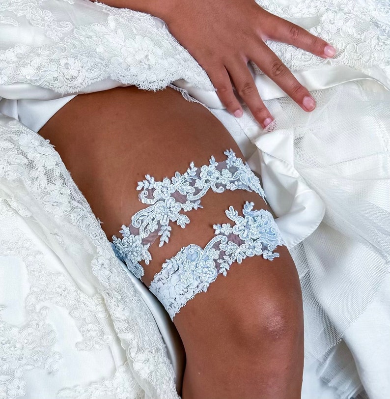Light blue wedding garter set, no slip grip garter toss keepsake gorgeous lace bridal garter belt something blue plus size petite flat image 1